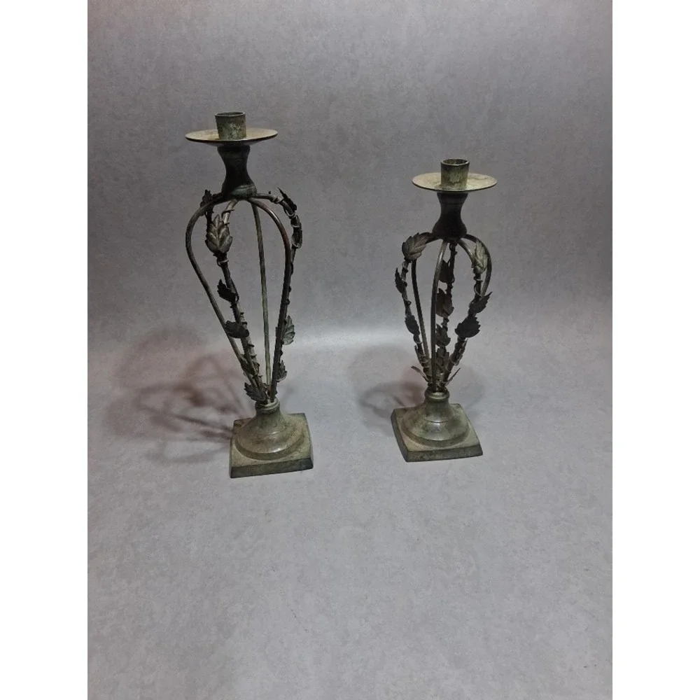Metal Rustic Leaf Candle Stick Holders Set Of 2/Base Can Be Unscrewed Red Insert